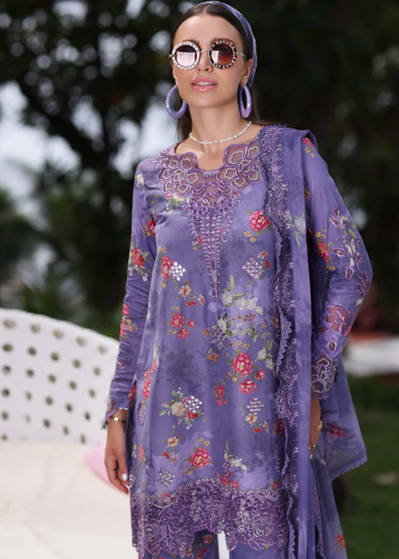 Noor By Saadia Noor Luxe Print Kari | Purple | Unstitched | Party Wear | Digital printed chiffon dupatta | D4B
