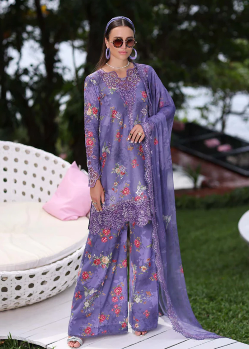 Noor By Saadia Noor Luxe Print Kari | Purple | Unstitched | Party Wear | Digital printed chiffon dupatta | D4B