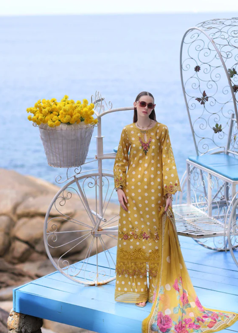 Noor By Saadia Noor Luxe Print Kari | Mustard | Unstitched | Party Wear | Digital printed chiffon dupatta | D6B