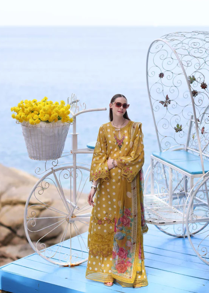 Noor By Saadia Noor Luxe Print Kari | Mustard | Unstitched | Party Wear | Digital printed chiffon dupatta | D6B