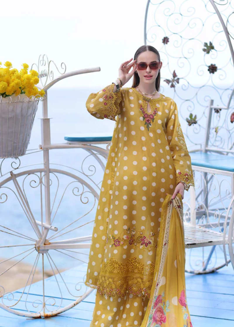 Noor By Saadia Noor Luxe Print Kari | Mustard | Unstitched | Party Wear | Digital printed chiffon dupatta | D6B