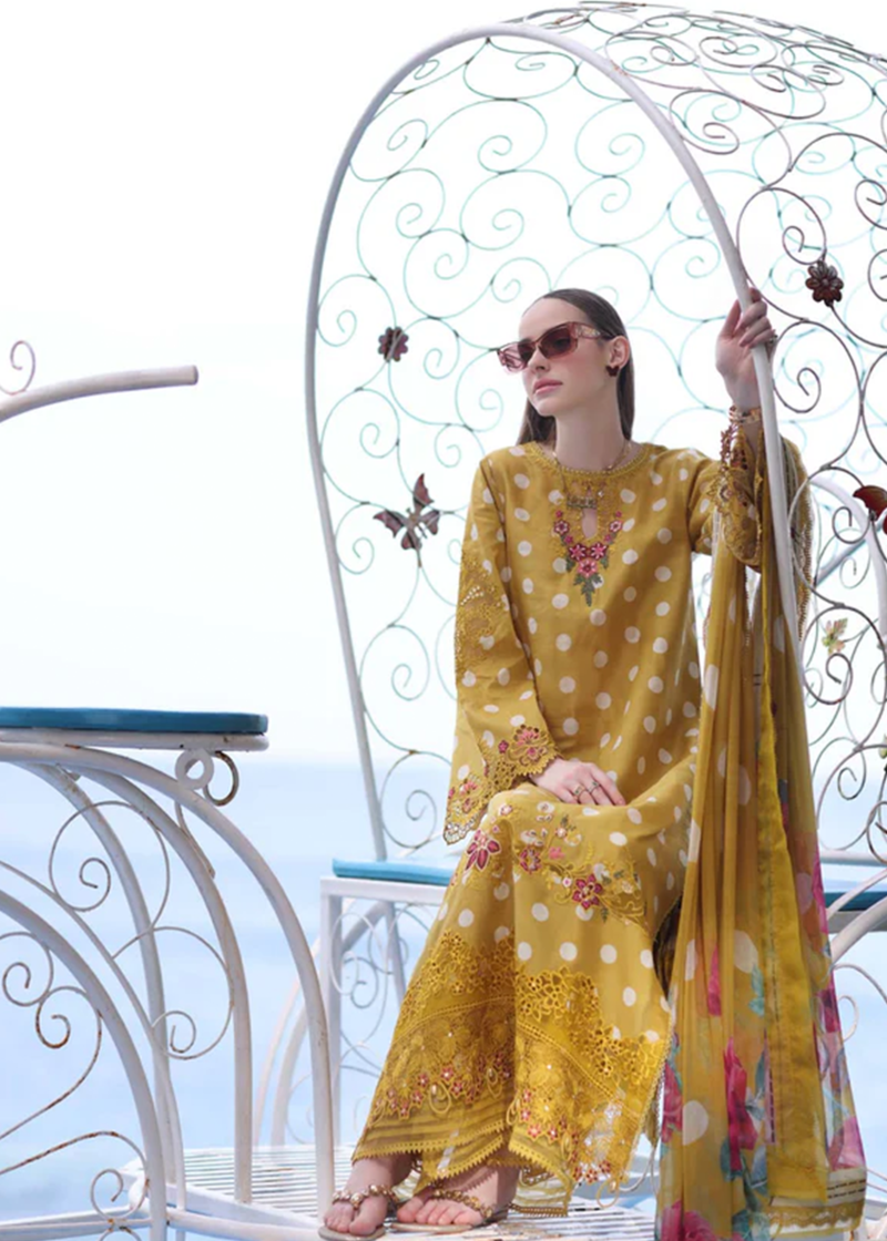 Noor By Saadia Noor Luxe Print Kari | Mustard | Unstitched | Party Wear | Digital printed chiffon dupatta | D6B