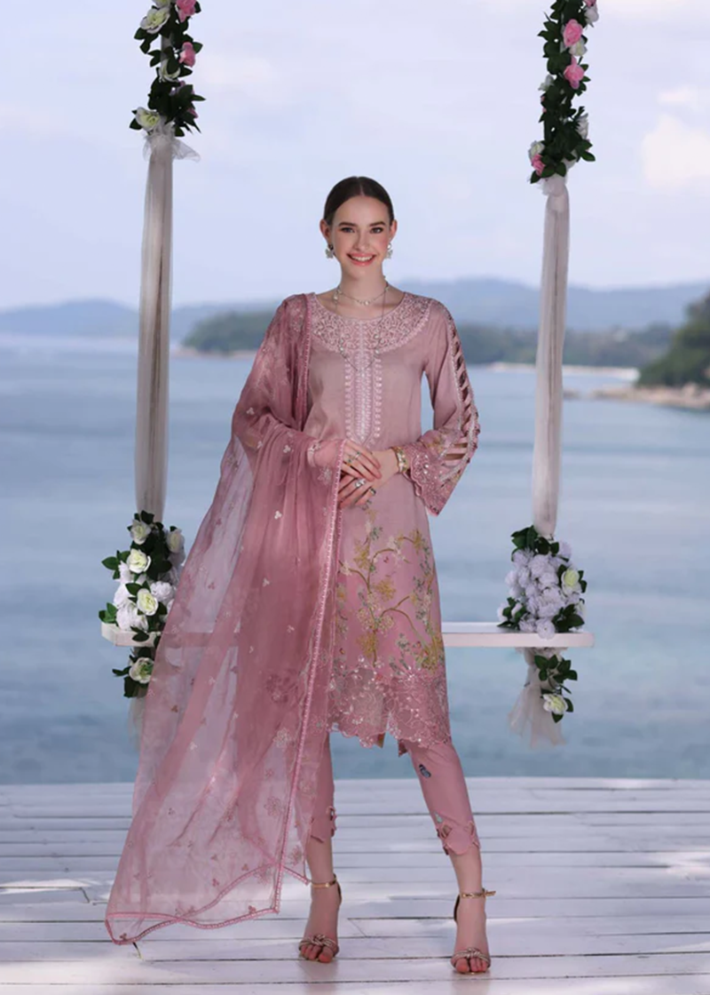 Noor By Saadia Noor Luxe Print Kari | Pearl Pink | Unstitched | Party Wear | Digital printed chiffon dupatta | D7A