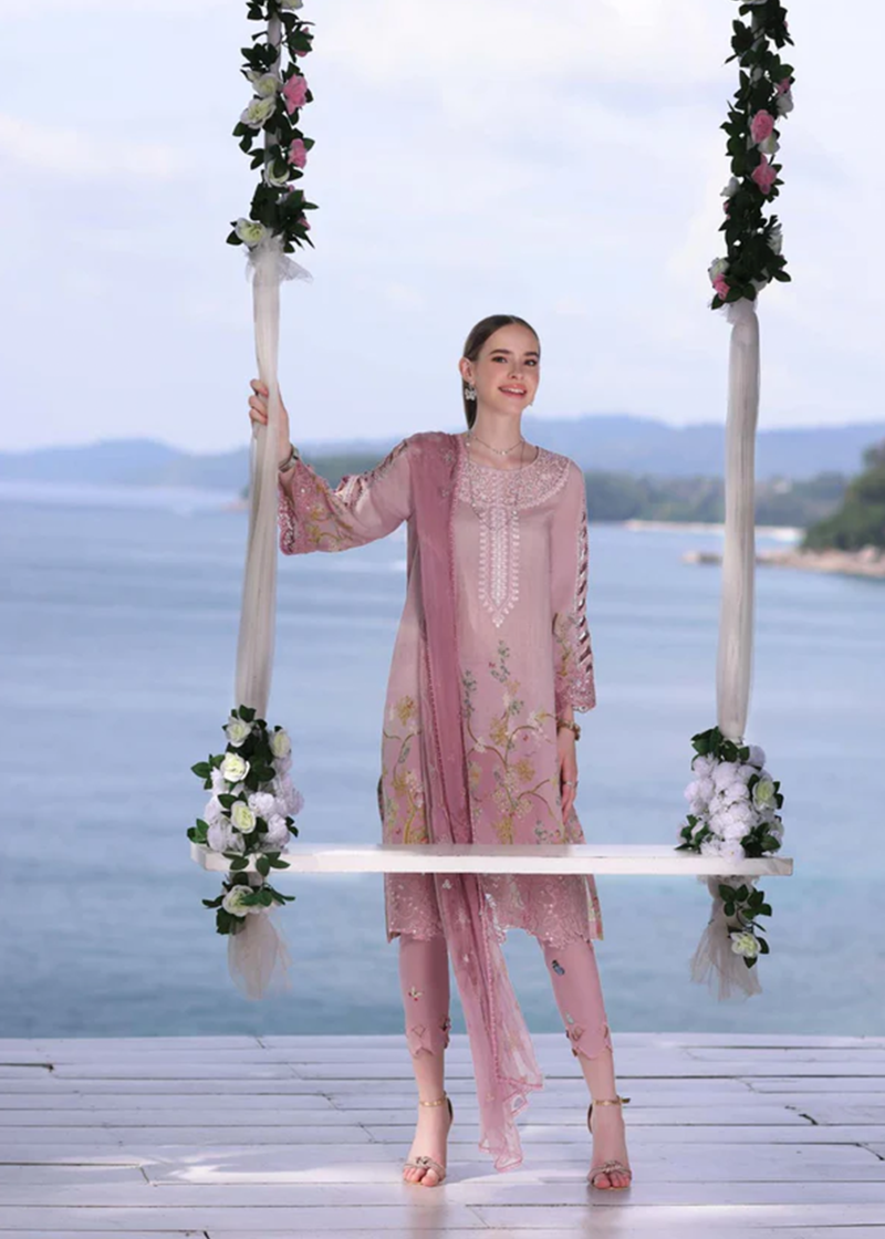 Noor By Saadia Noor Luxe Print Kari | Pearl Pink | Unstitched | Party Wear | Digital printed chiffon dupatta | D7A