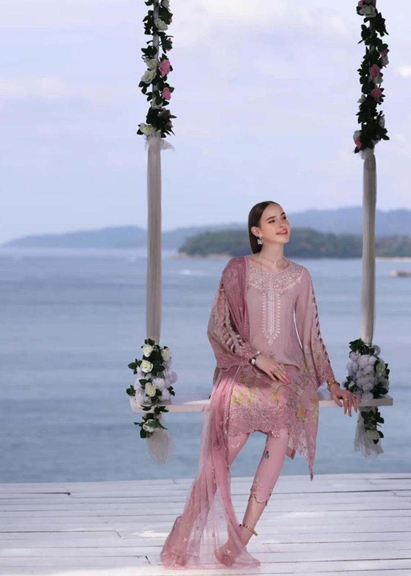 Noor By Saadia Noor Luxe Print Kari | Pearl Pink | Unstitched | Party Wear | Digital printed chiffon dupatta | D7A