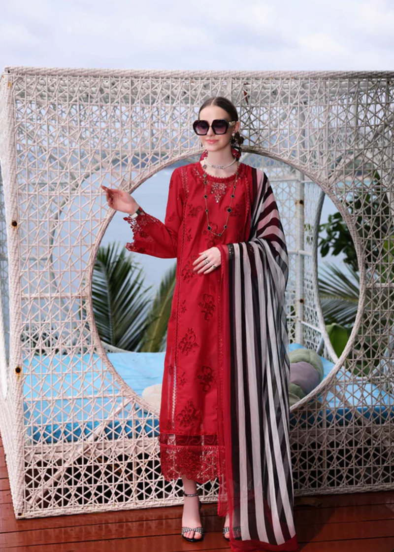 Noor By Saadia Noor Luxe Print Kari | Red | Unstitched | Party Wear | Digital printed chiffon dupatta | D8A