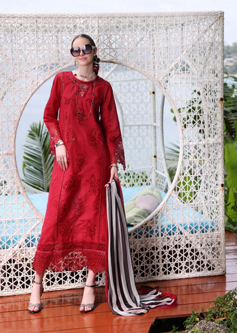 Noor By Saadia Noor Luxe Print Kari | Red | Unstitched | Party Wear | Digital printed chiffon dupatta | D8A