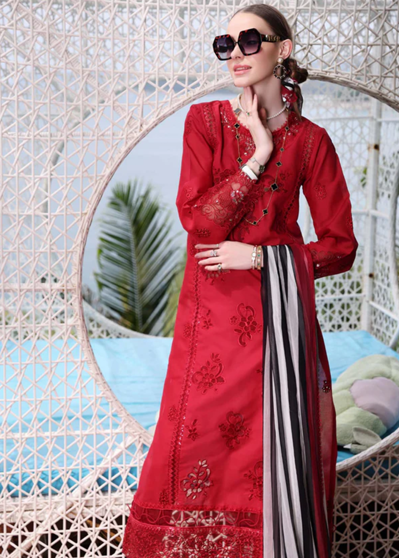 Noor By Saadia Noor Luxe Print Kari | Red | Unstitched | Party Wear | Digital printed chiffon dupatta | D8A