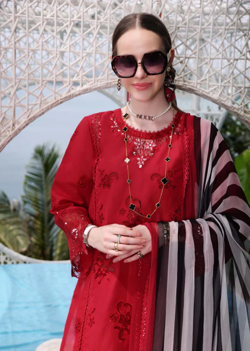 Noor By Saadia Noor Luxe Print Kari | Red | Unstitched | Party Wear | Digital printed chiffon dupatta | D8A