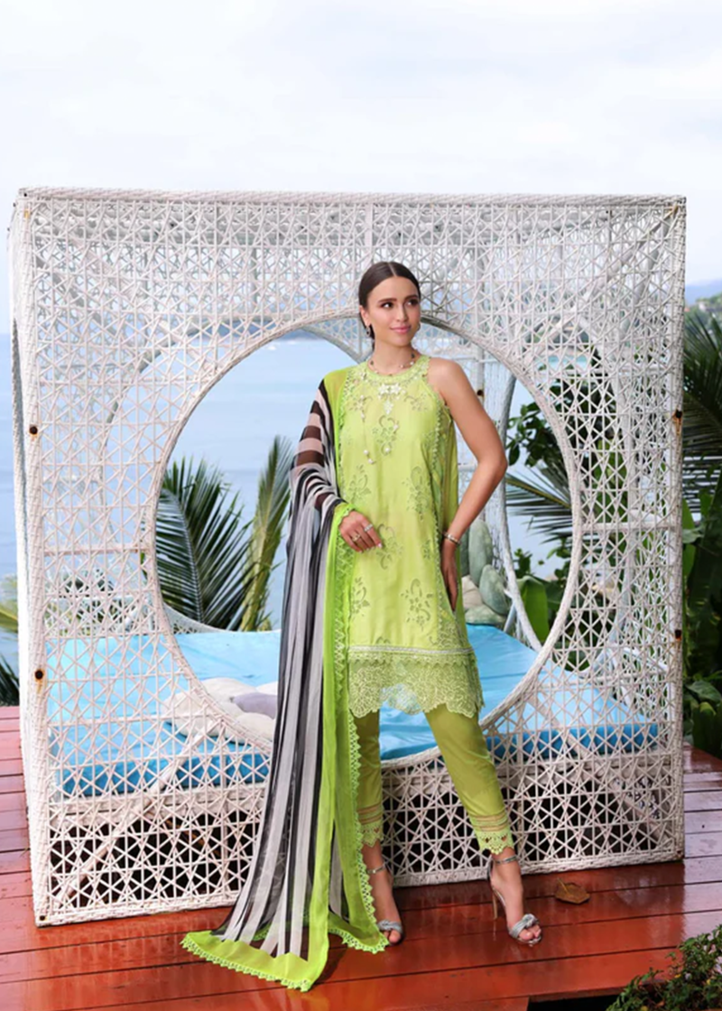 Noor By Saadia Noor Luxe Print Kari | Light Green | Unstitched | Party Wear | Digital printed chiffon dupatta | D8B