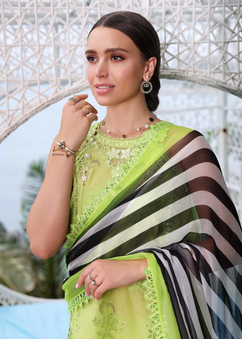 Noor By Saadia Noor Luxe Print Kari | Light Green | Unstitched | Party Wear | Digital printed chiffon dupatta | D8B