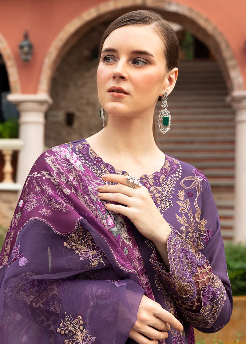 Ramsha Andaaz Luxury Lawn | Dark Purple | Unstitched | Party wear | Digital printed silk dupatta | Z-807
