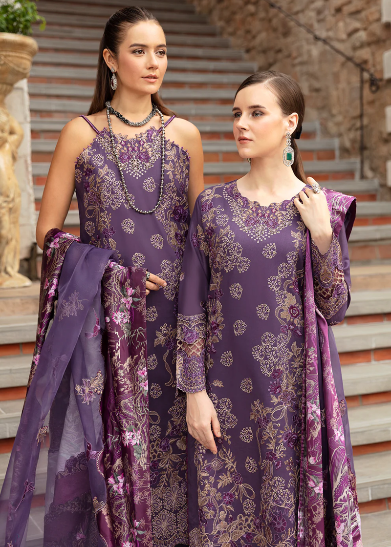 Ramsha Andaaz Luxury Lawn | Dark Purple | Unstitched | Party wear | Digital printed silk dupatta | Z-807