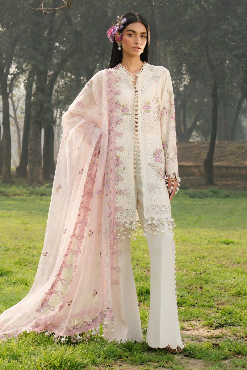 Sana Safinaz | Luxury Lawn 25 | White | Unstitched | Festive wear | 001A-3CT | 3pc set.