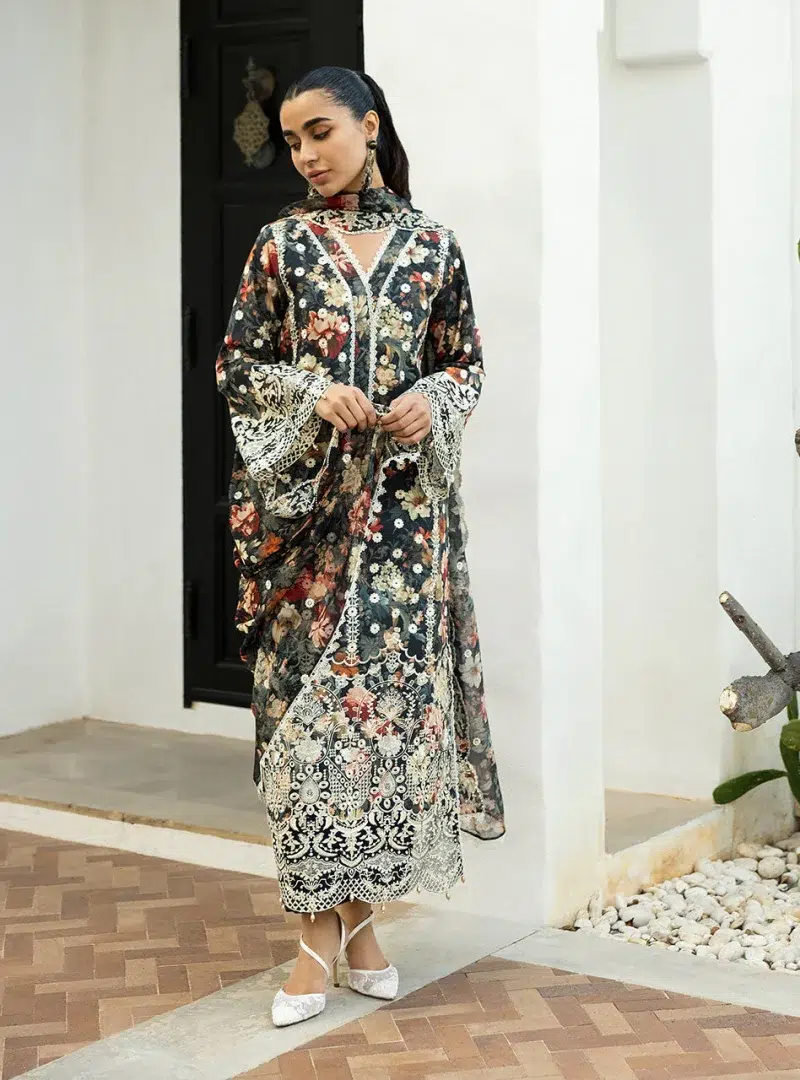 Zainab Chottani Chikankari 25 | Floral Print Black | Unstitched | Festive wear| Reeya - 10A | 3 pc set.
