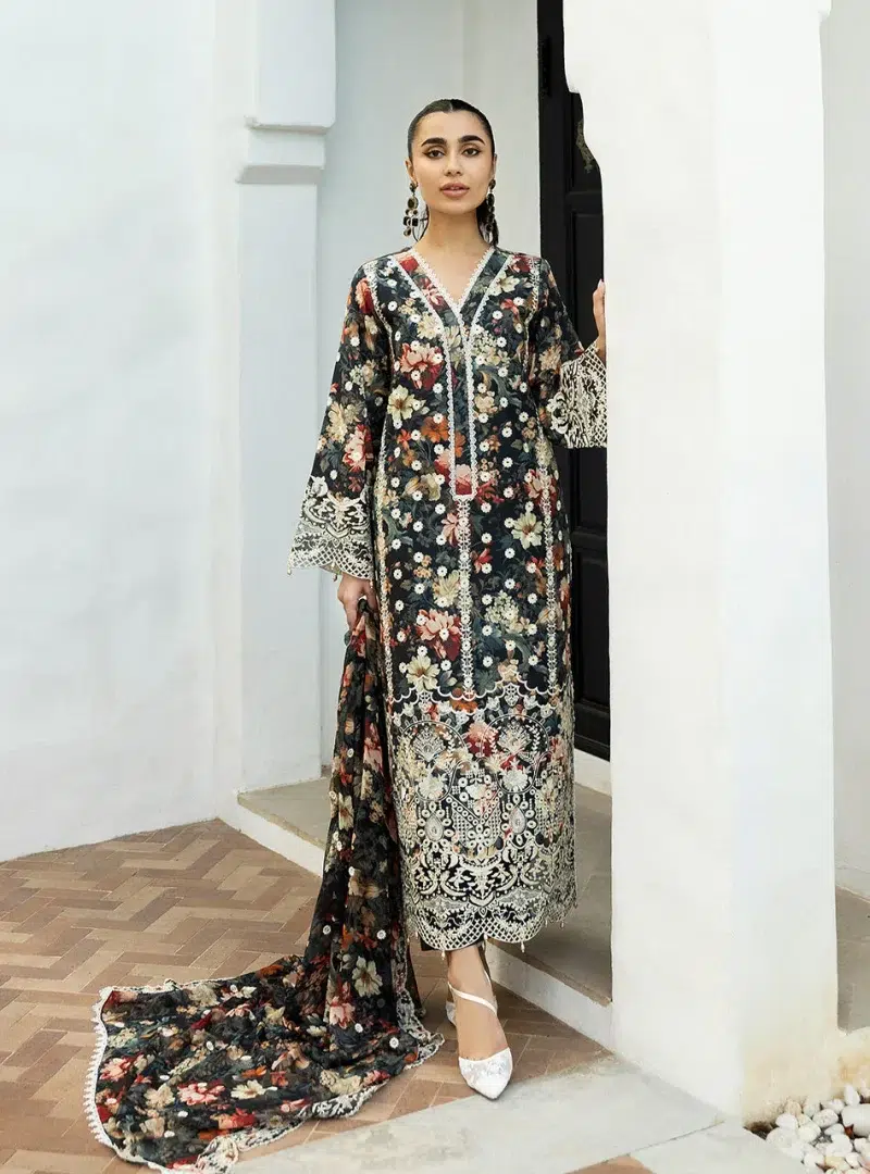 Zainab Chottani Chikankari 25 | Floral Print Black | Unstitched | Festive wear| Reeya - 10A | 3 pc set.