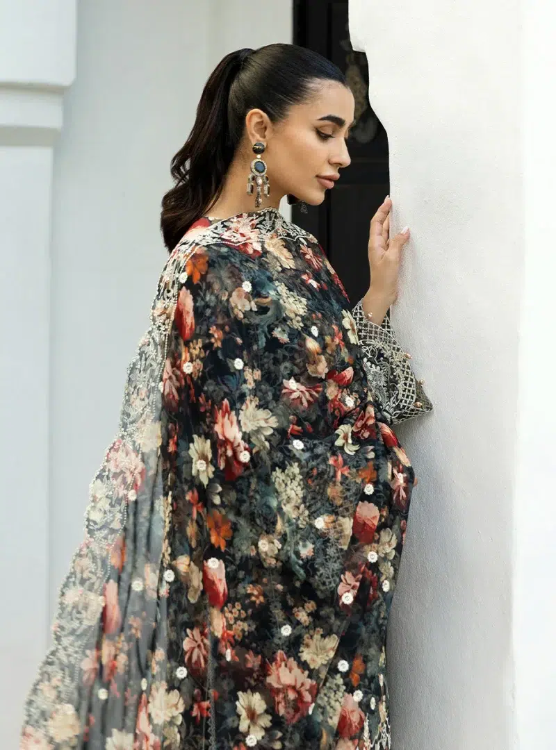 Zainab Chottani Chikankari 25 | Floral Print Black | Unstitched | Festive wear| Reeya - 10A | 3 pc set.