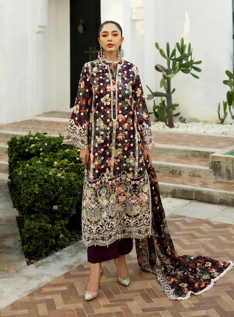 Zainab Chottani Chikankari 25 | Floral Print Purple | Unstitched | Festive wear| Reeya - 10B | 3 pc set.