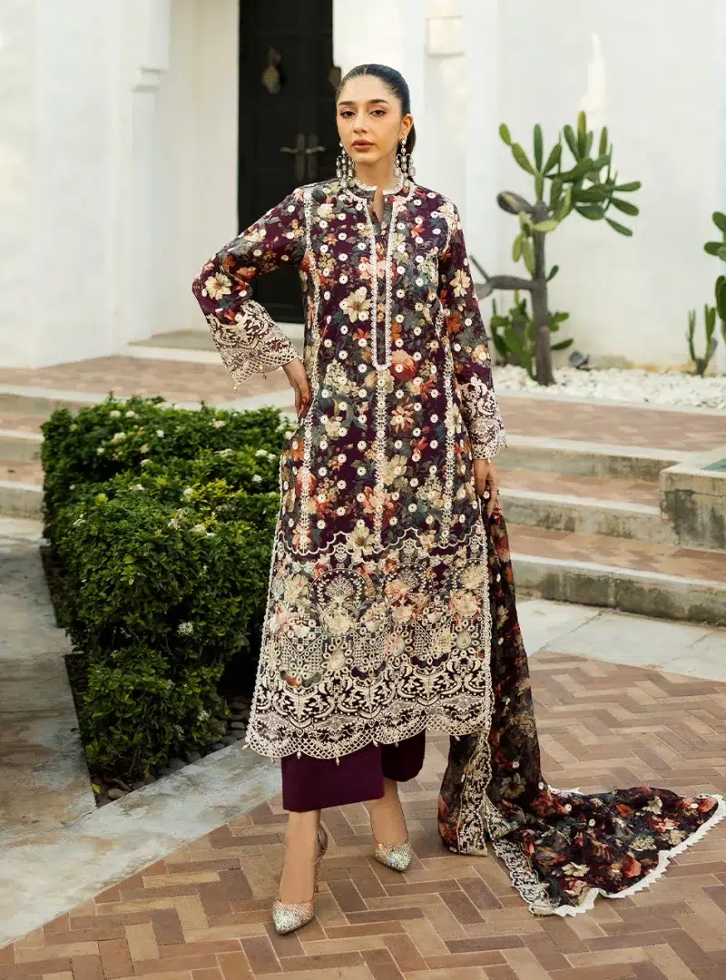 Zainab Chottani Chikankari 25 | Floral Print Purple | Unstitched | Festive wear| Reeya - 10B | 3 pc set.