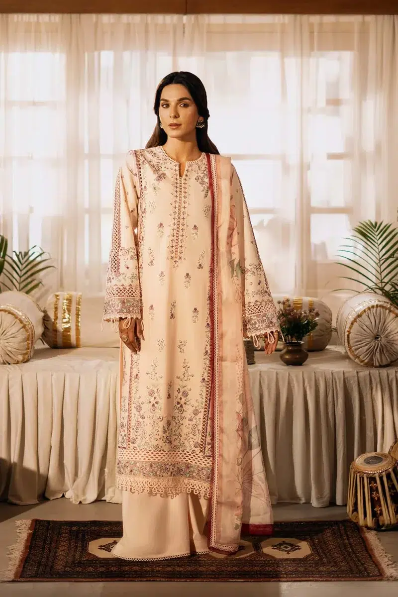 Zarposh | Sajni Lawn Edit 25 | Peach | Unstitched | Festive wear | Gulbano | D01 | 3pc set.
