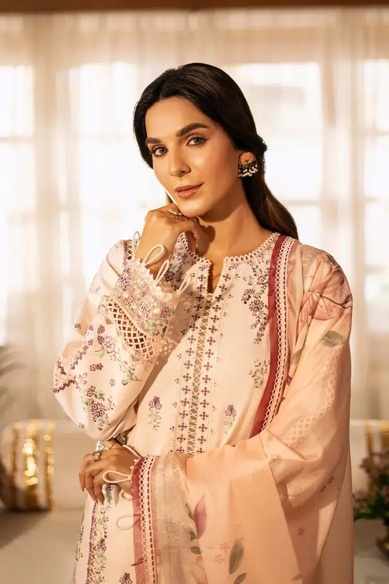 Zarposh | Sajni Lawn Edit 25 | Peach | Unstitched | Festive wear | Gulbano | D01 | 3pc set.