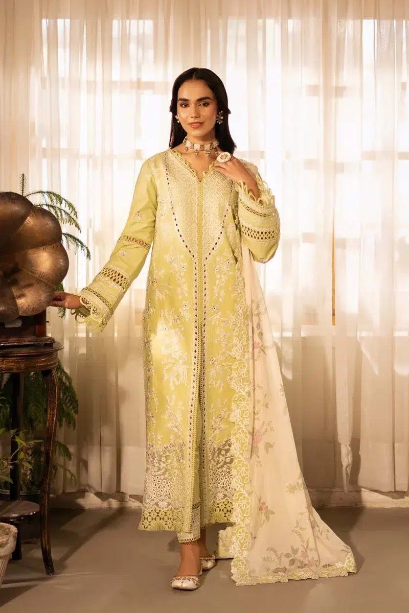 Zarposh | Sajni Lawn Edit 25 | Lime Yellow | Unstitched | Festive wear | Gulnaz | D02 | 3pc set.