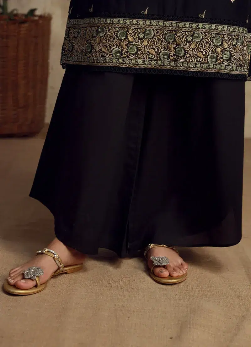 Image | Ella | Assymetric Hem Flared Pants | Pure Cotton | Black | 1 pc | TS-748