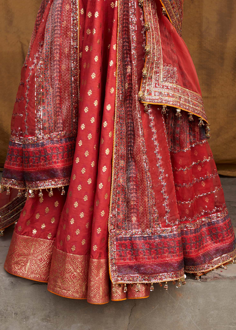 Hussain Rehar Luxury Festive | Red | Unstitched | Organza Dupatta | BULORI