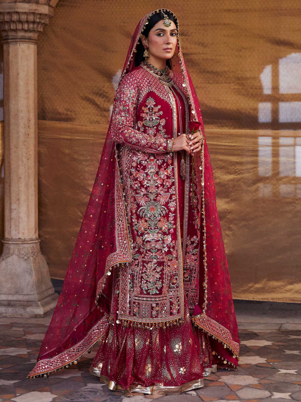 Hussain Rehar Luxury Festive | Red Maroon | Unstitched | Organza Dupatta | GULAL