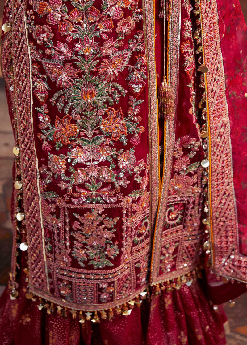 Hussain Rehar Luxury Festive | Red Maroon | Unstitched | Organza Dupatta | GULAL