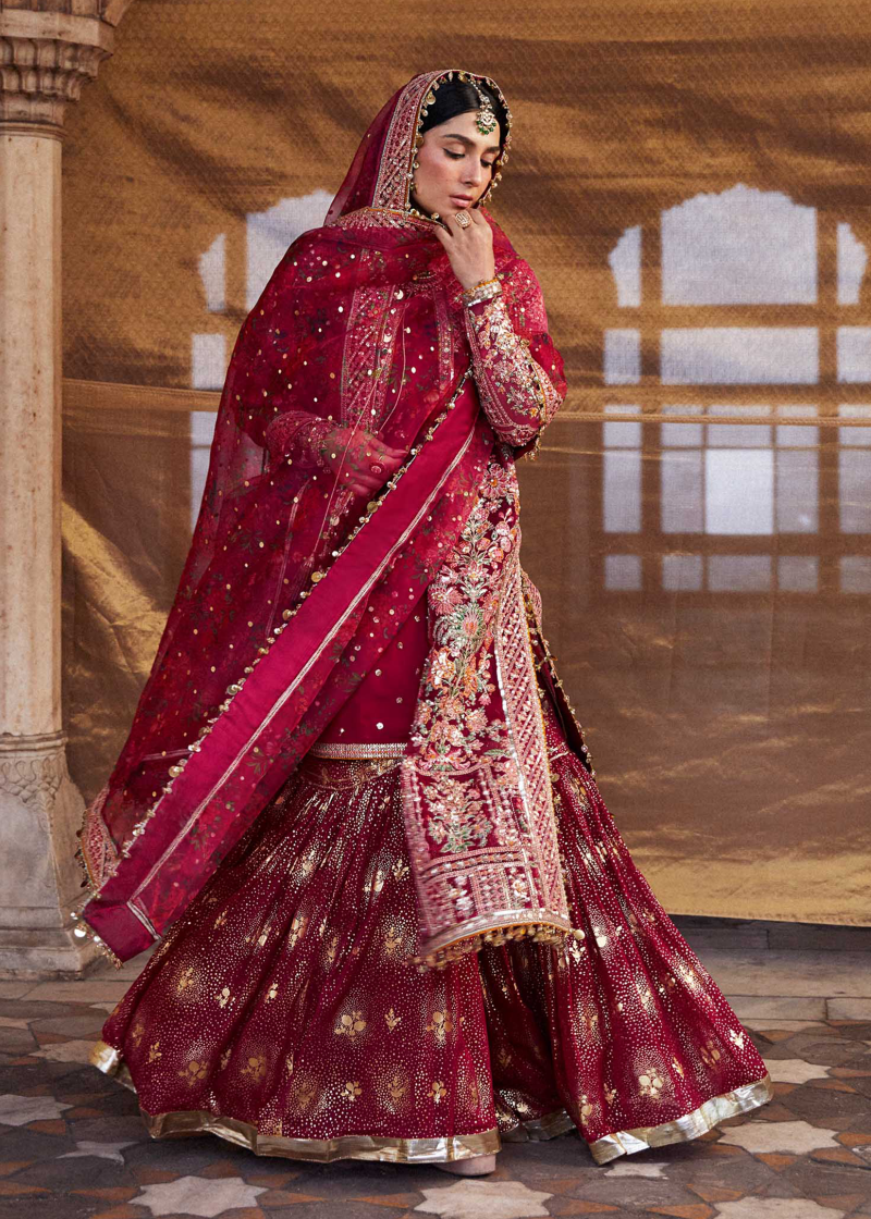 Hussain Rehar Luxury Festive | Red Maroon | Unstitched | Organza Dupatta | GULAL