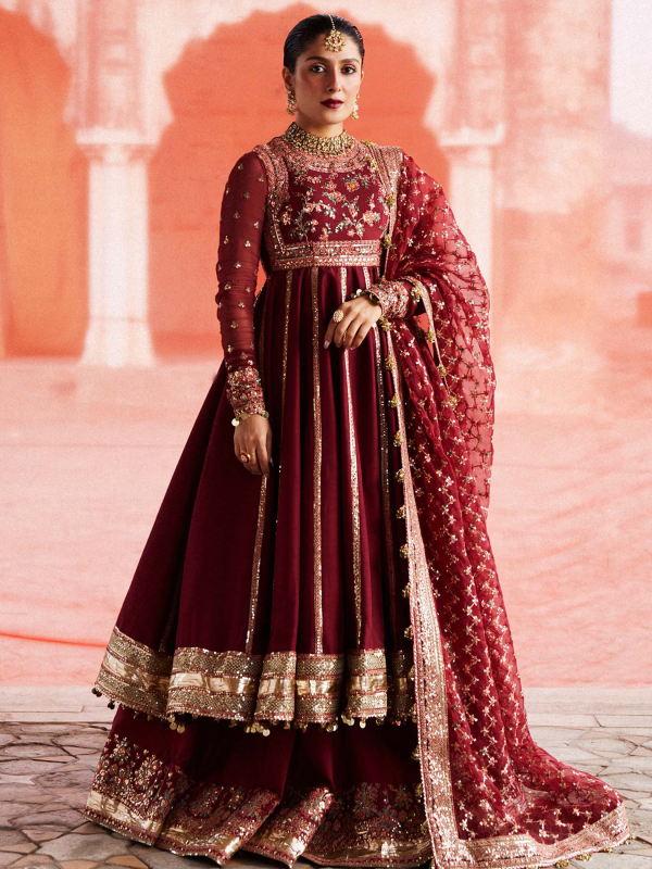 Hussain Rehar Luxury Festive | Maroon | Unstitched | Organza Dupatta | KALAK