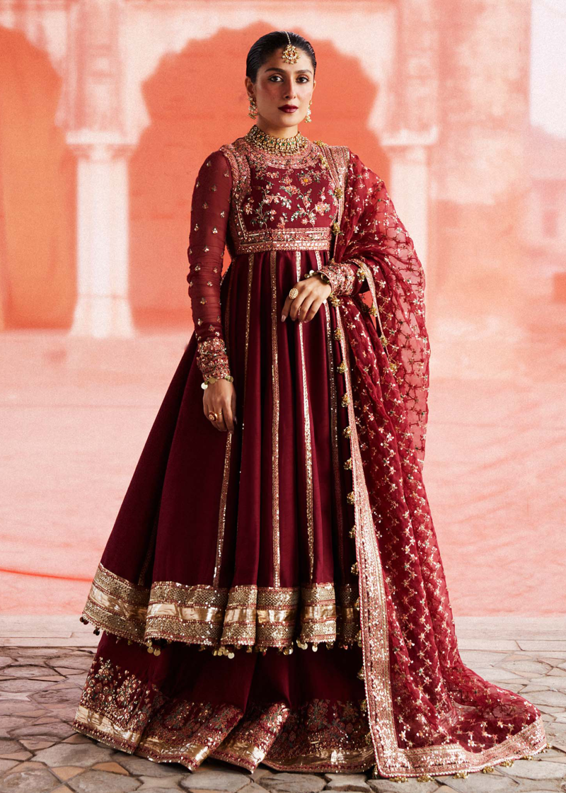 Hussain Rehar Luxury Festive | Maroon | Unstitched | Organza Dupatta | KALAK