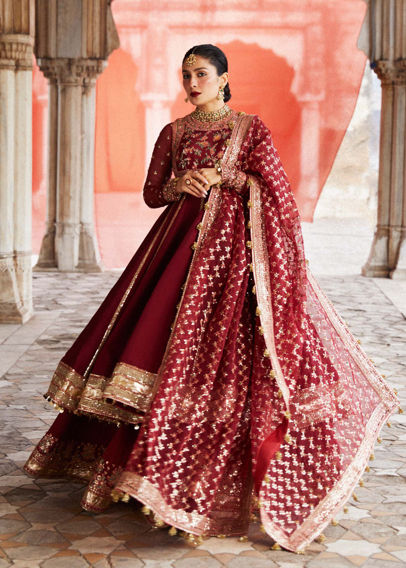 Hussain Rehar Luxury Festive | Maroon | Unstitched | Organza Dupatta | KALAK