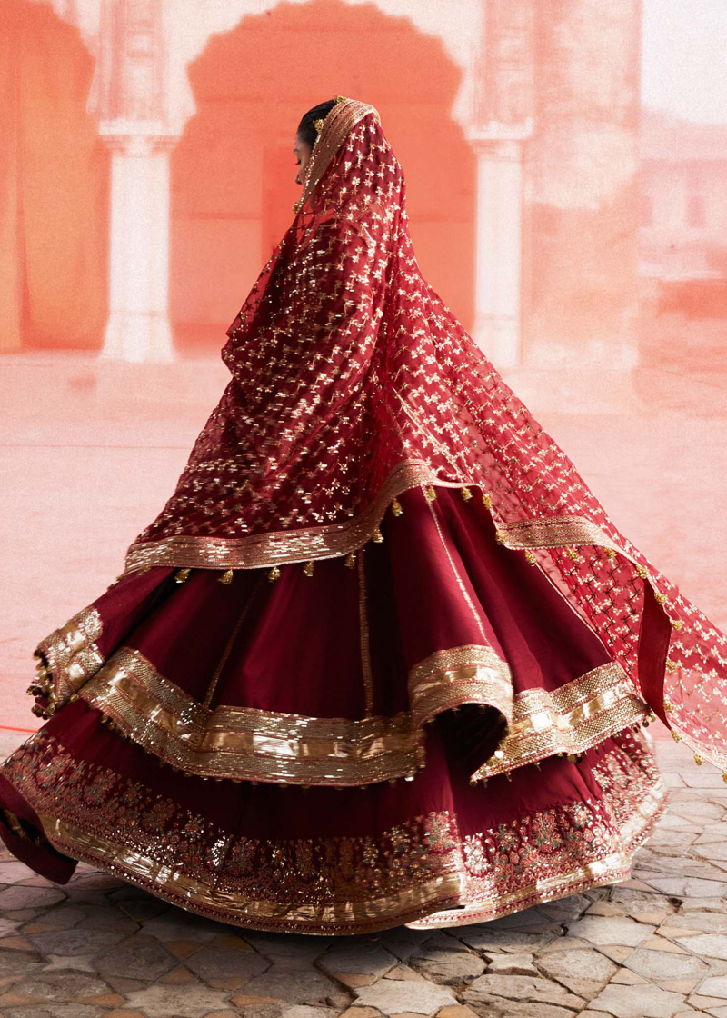 Hussain Rehar Luxury Festive | Maroon | Unstitched | Organza Dupatta | KALAK