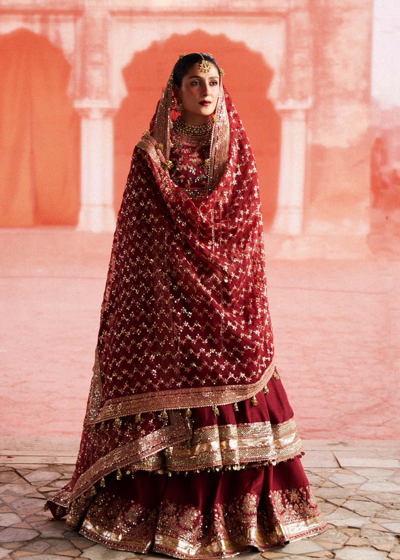 Hussain Rehar Luxury Festive | Maroon | Unstitched | Organza Dupatta | KALAK
