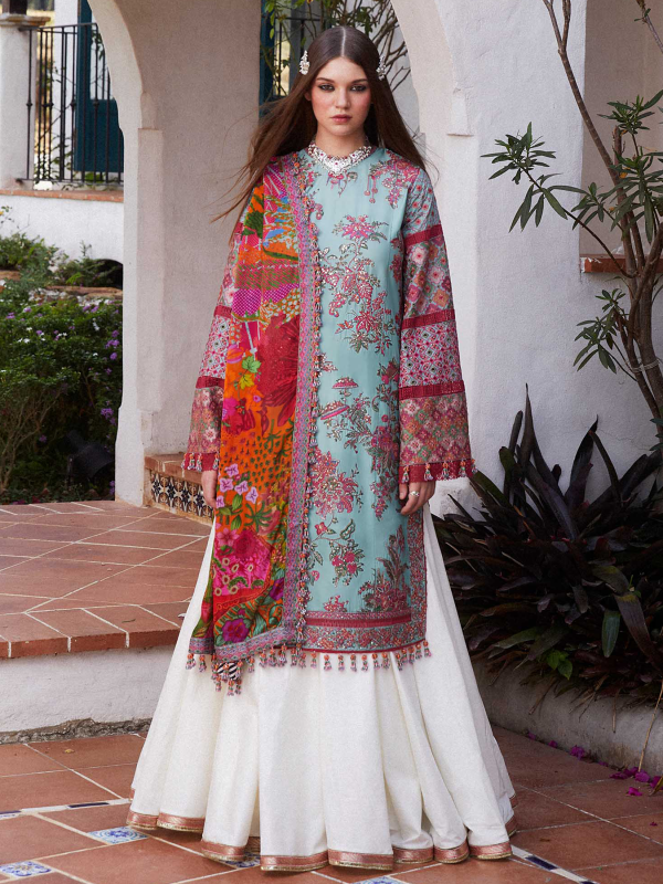 Hussain Rehar Luxury Lawn | Ice Blue | Unstitched | Feastive | Silk Dupatta | FLORET