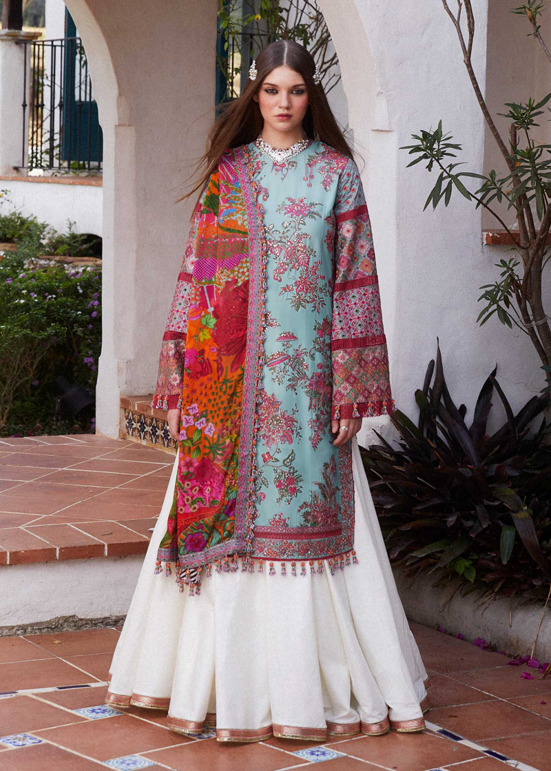 Hussain Rehar Luxury Lawn | Ice Blue | Unstitched | Feastive | Silk Dupatta | FLORET