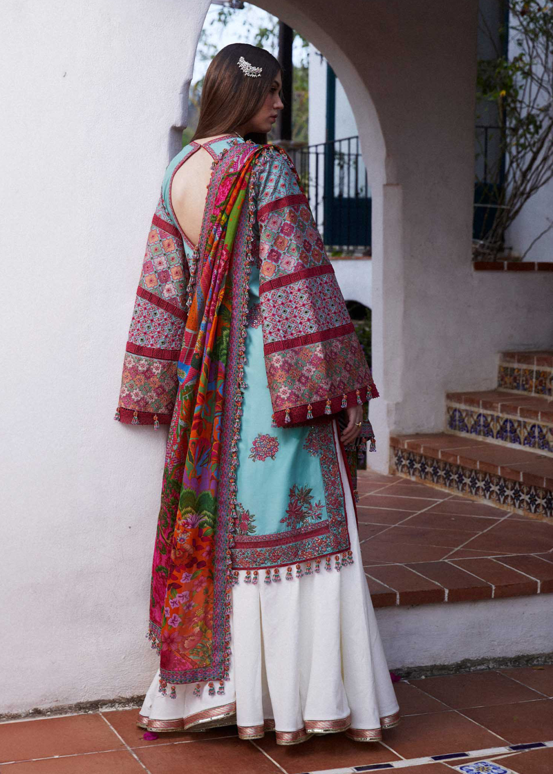 Hussain Rehar Luxury Lawn | Ice Blue | Unstitched | Feastive | Silk Dupatta | FLORET