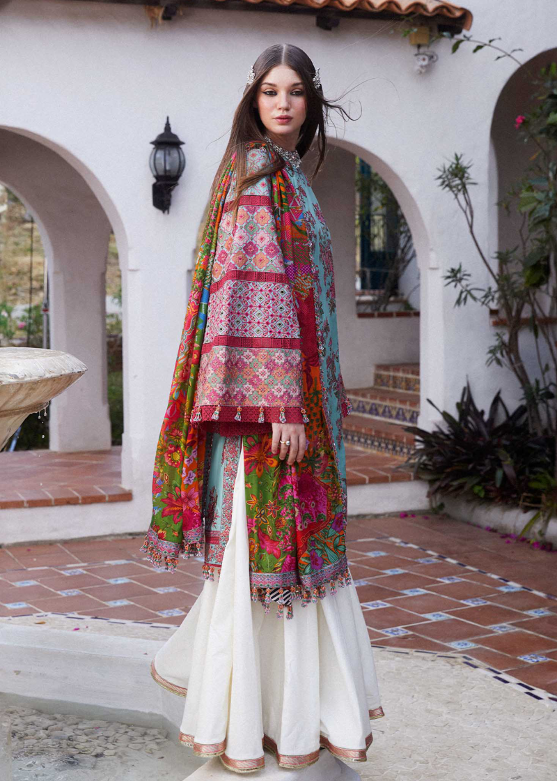 Hussain Rehar Luxury Lawn | Ice Blue | Unstitched | Feastive | Silk Dupatta | FLORET