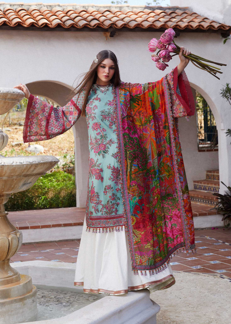 Hussain Rehar Luxury Lawn | Ice Blue | Unstitched | Feastive | Silk Dupatta | FLORET