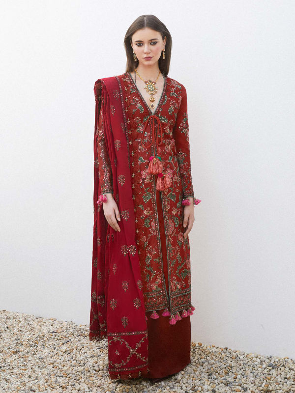 Hussain Rehar Luxury Lawn | Red | Unstitched | Feastive | Silk Dupatta | RUHI