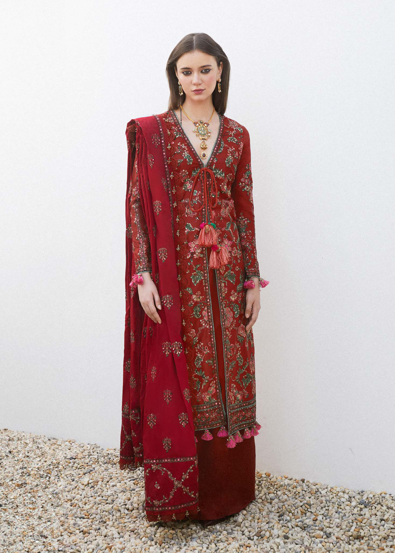 Hussain Rehar Luxury Lawn | Red | Unstitched | Feastive | Silk Dupatta | RUHI