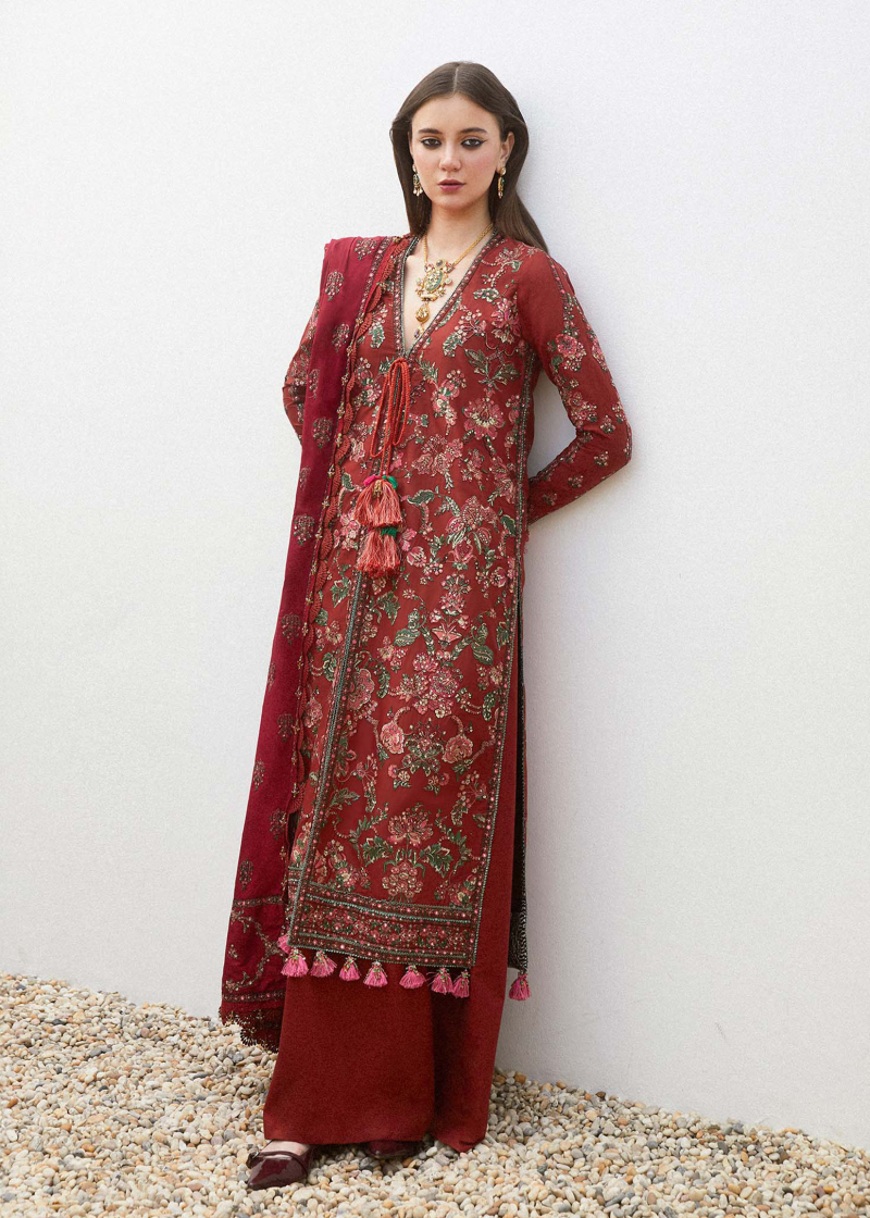 Hussain Rehar Luxury Lawn | Red | Unstitched | Feastive | Silk Dupatta | RUHI