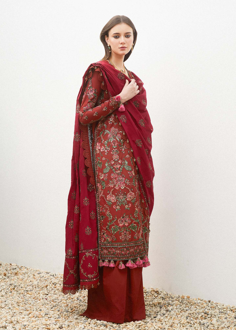 Hussain Rehar Luxury Lawn | Red | Unstitched | Feastive | Silk Dupatta | RUHI