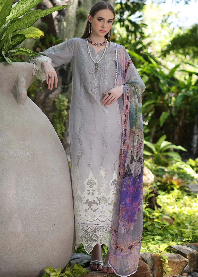 Noor By Saadia Luxe Chikankari Lawn | Grey | Unstitched | Party Wear | Chiffon Dupatta | 1B