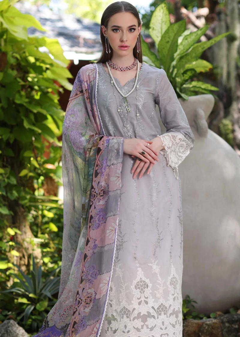 Noor By Saadia Luxe Chikankari Lawn | Grey | Unstitched | Party Wear | Chiffon Dupatta | 1B