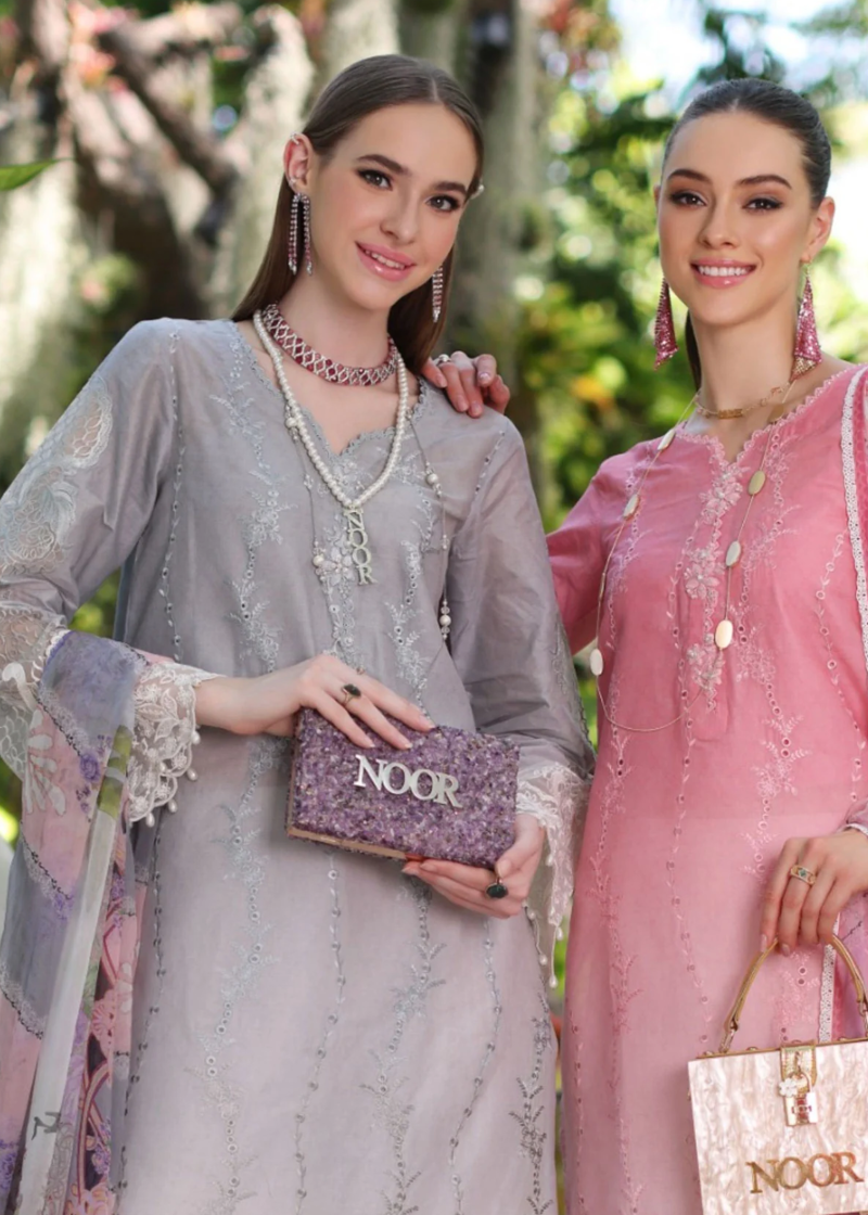 Noor By Saadia Luxe Chikankari Lawn | Grey | Unstitched | Party Wear | Chiffon Dupatta | 1B