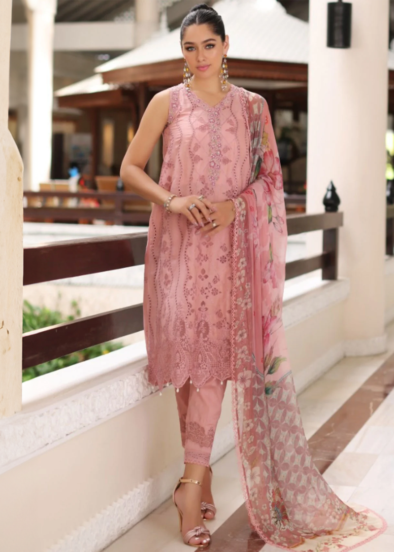 Noor By Saadia Luxe Chikankari Lawn | Peach Pink | Unstitched | Party Wear | Chiffon Dupatta | 4B