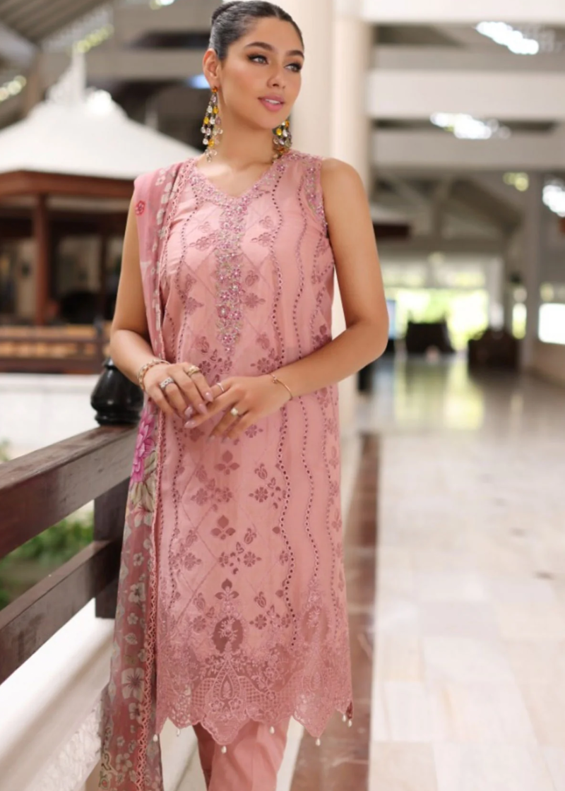 Noor By Saadia Luxe Chikankari Lawn | Peach Pink | Unstitched | Party Wear | Chiffon Dupatta | 4B